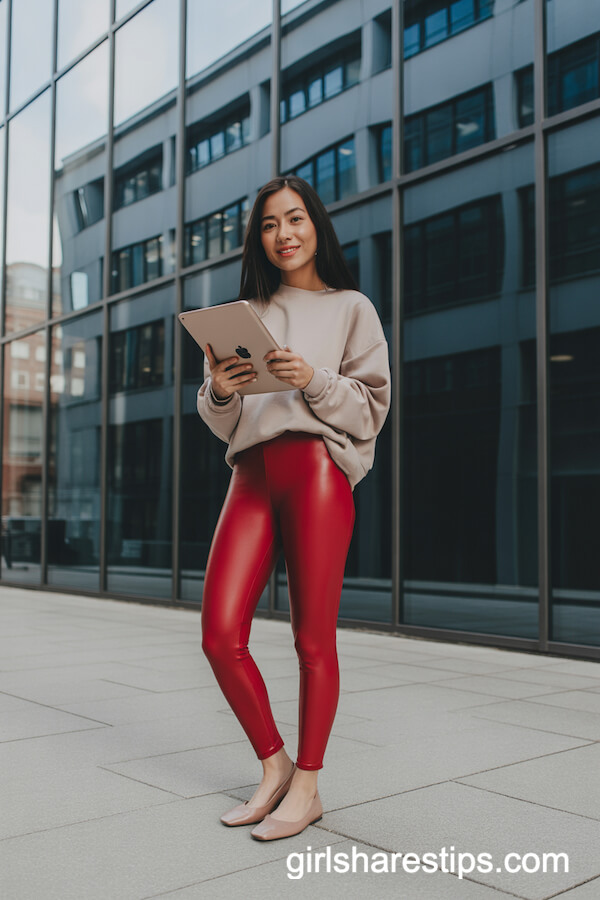 Red Leggings with Neutral Pullover and Flats