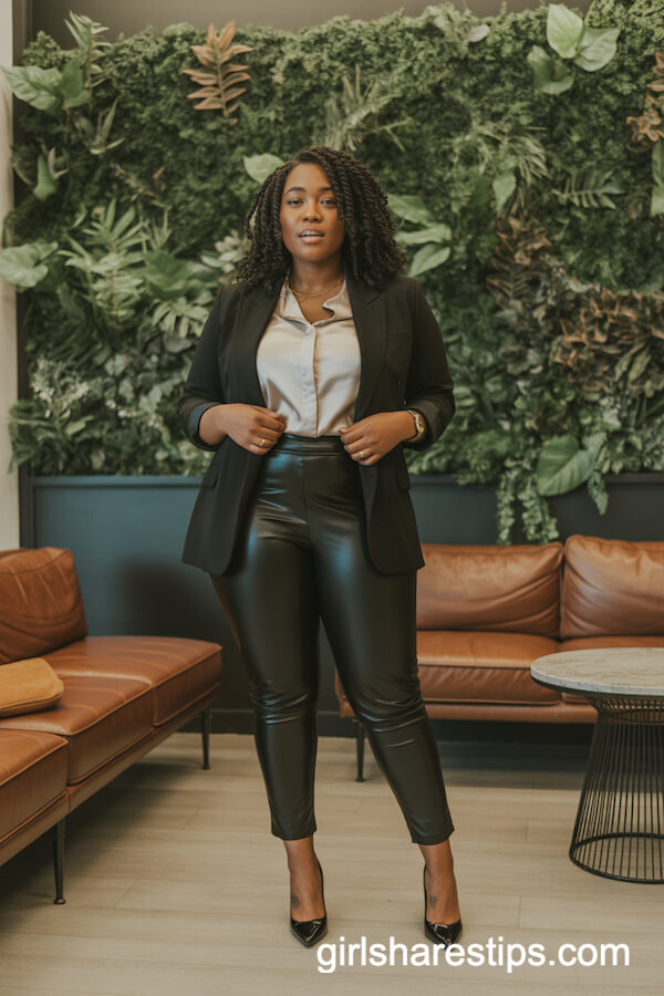 Faux Leather Leggings with Blouse and Blazer