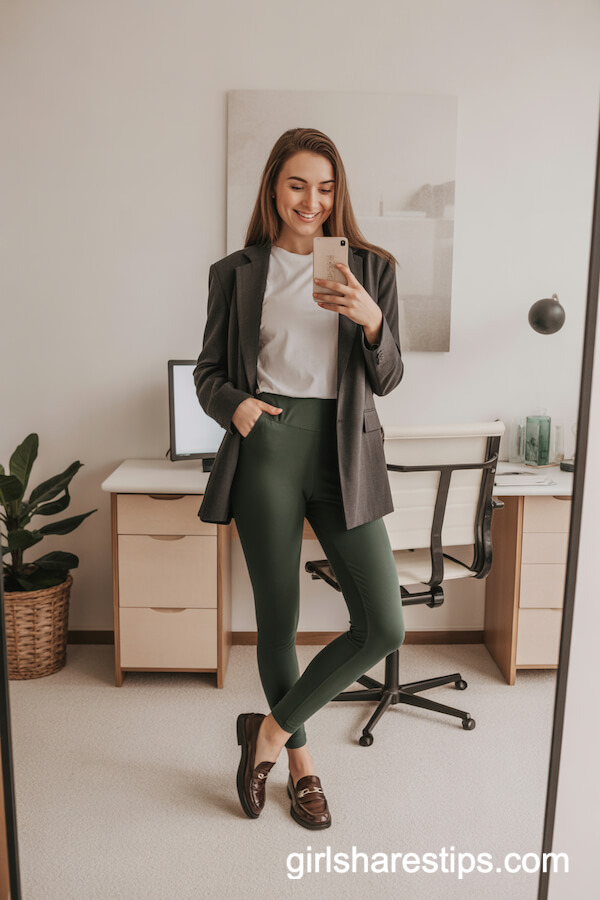 Dark Green Leggings with Tee and Gray Blazer