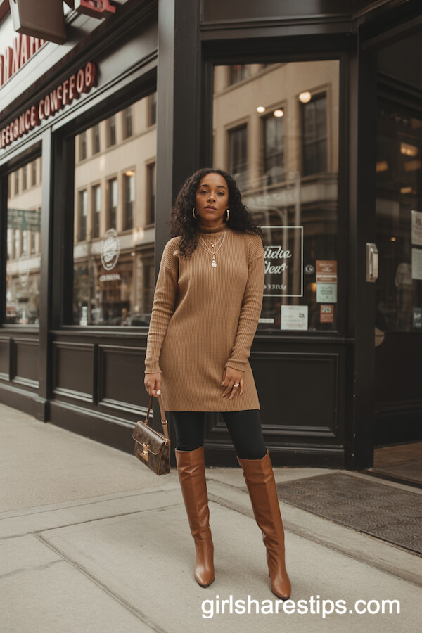 Black Leggings under Sweater Dress with Boots