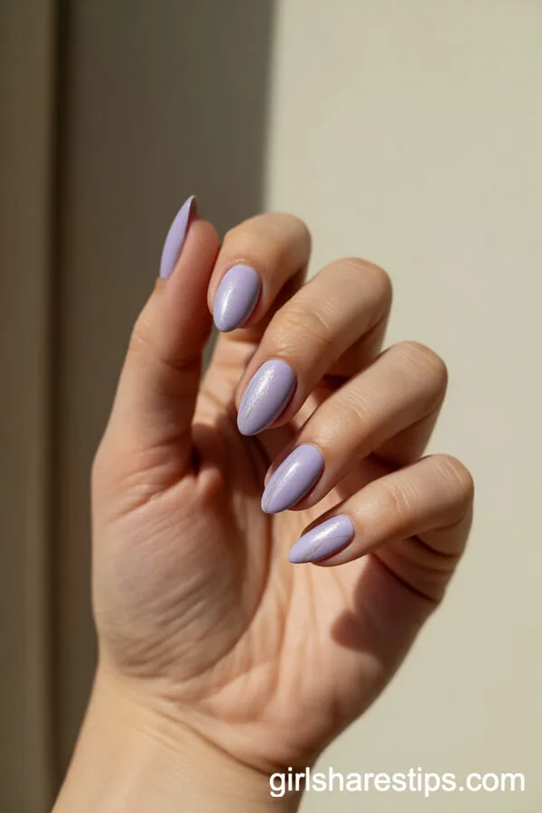 Almond Light Purple Nails with Silver Shimmer