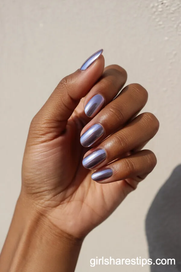 Oval Nails with Metallic Chrome Light Purple Finish