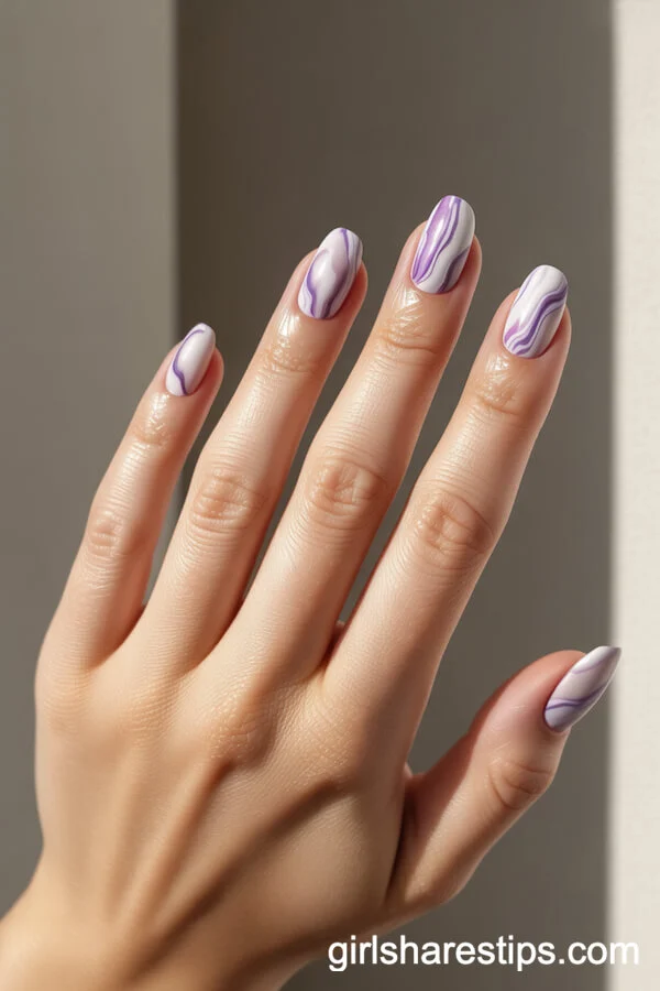 Squoval Marble Nails in Milky Purple and White