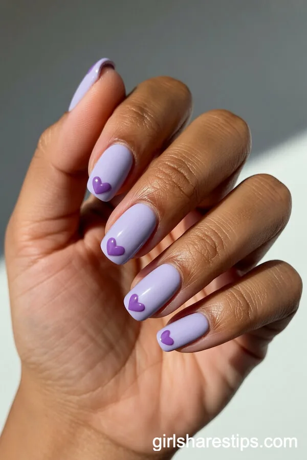 Rounded Light Purple Nails with Lavender Heart Tips