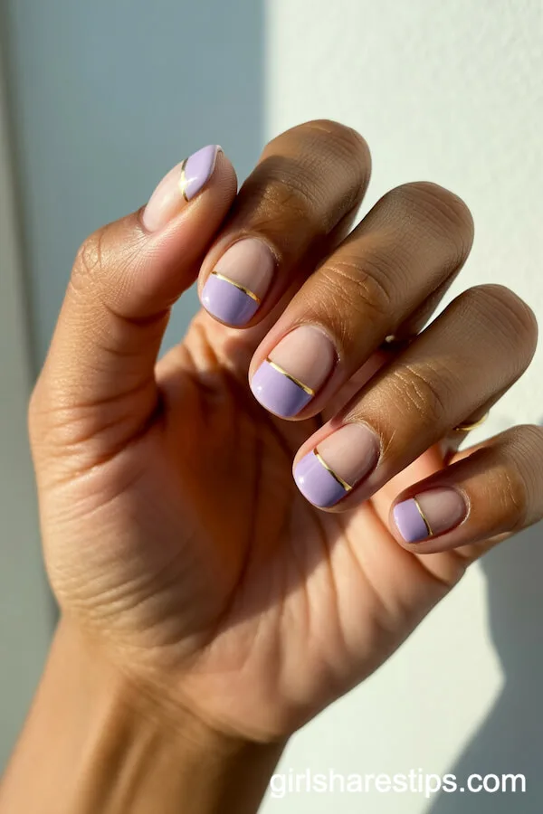 Square Color-Block Nails with Nude, Light Purple, and Gold Lines