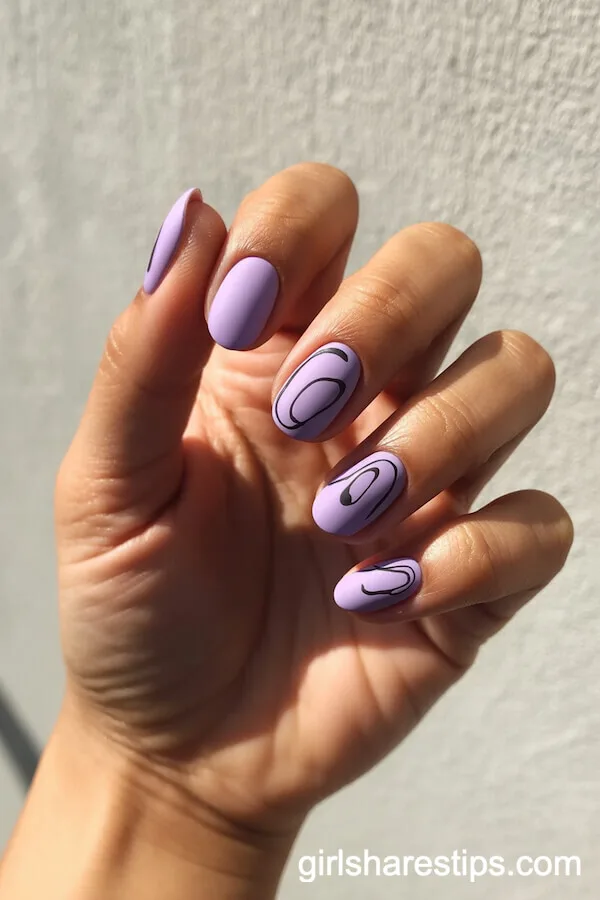 Matte Light Purple Almond Nails with Minimal Black Line Art