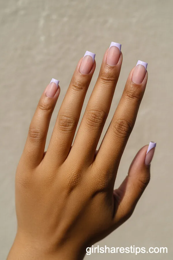Square Nude Nails with Light Purple French Tips