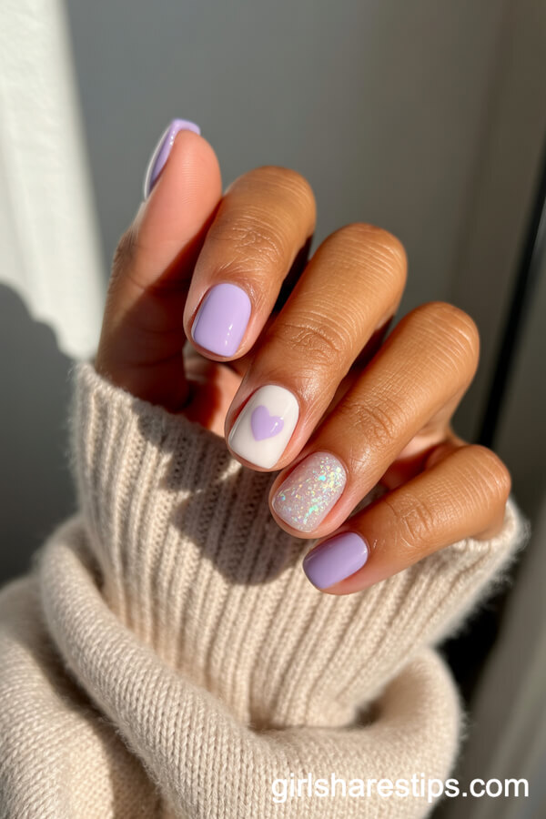 Short Square Pastel Lilac and White Nails with Hearts and Glitter
