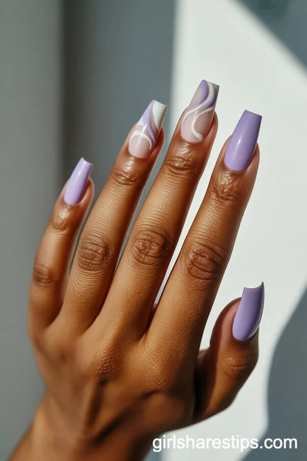 Coffin Nails with Light Purple and Abstract Swirl Art