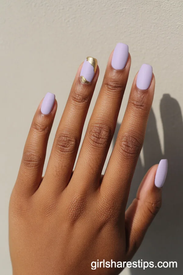 Short Squoval Matte Lilac Nails with Gold Foil