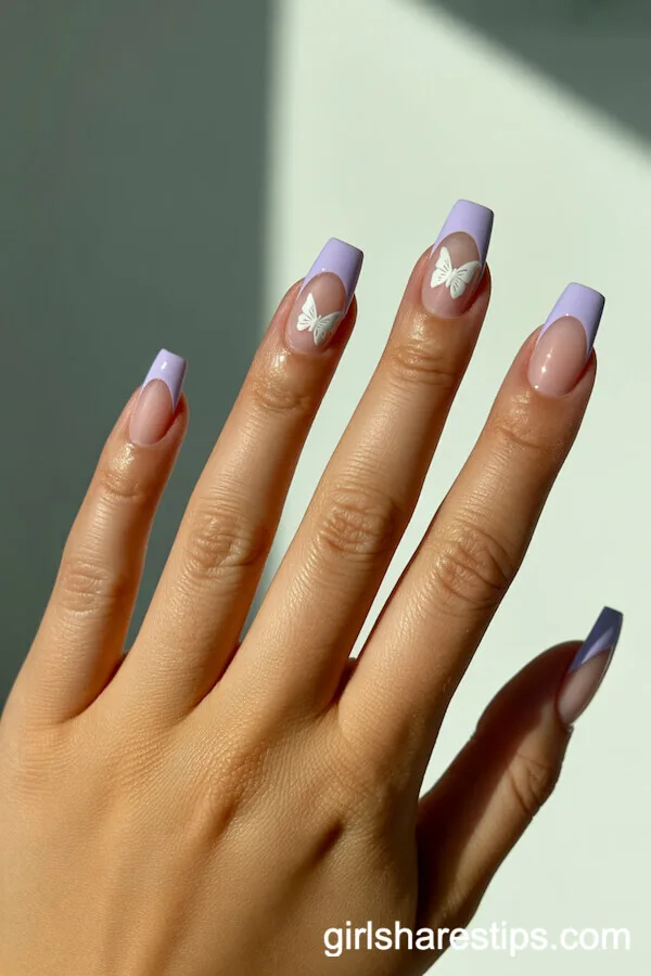 Ballerina Nails with Pastel Purple Tips and Butterfly Accents