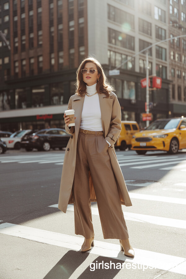 Taupe Wide-Leg Linen Pants with White Turtleneck and Trench Coat