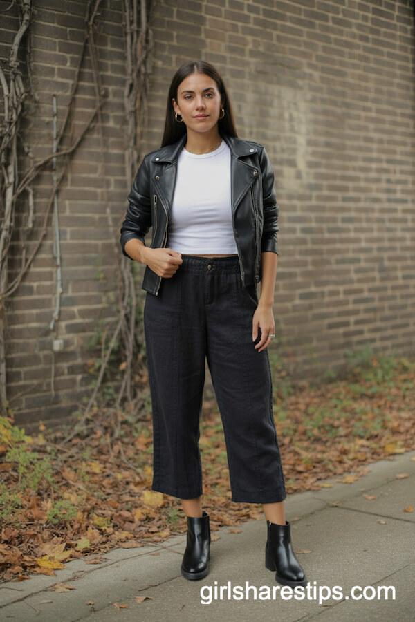 Cropped Black Linen Pants with Leather Moto Jacket and Ankle Boots