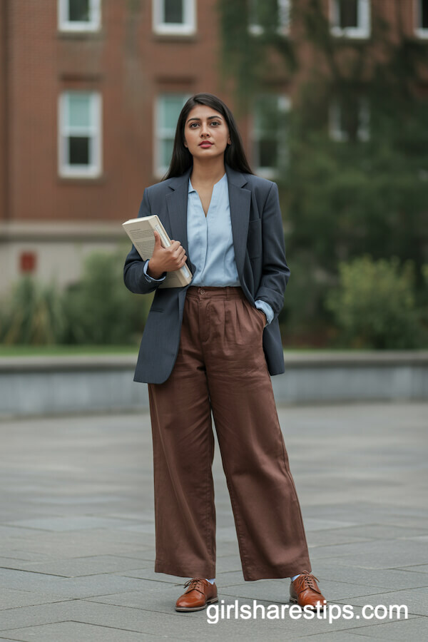 Chocolate Brown Wide-Leg Linen Pants with Light Blue Blouse