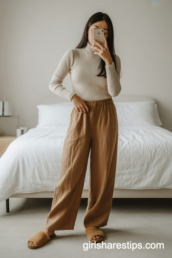 Camel Wide-Leg Linen Pants with Cream Ribbed Turtleneck