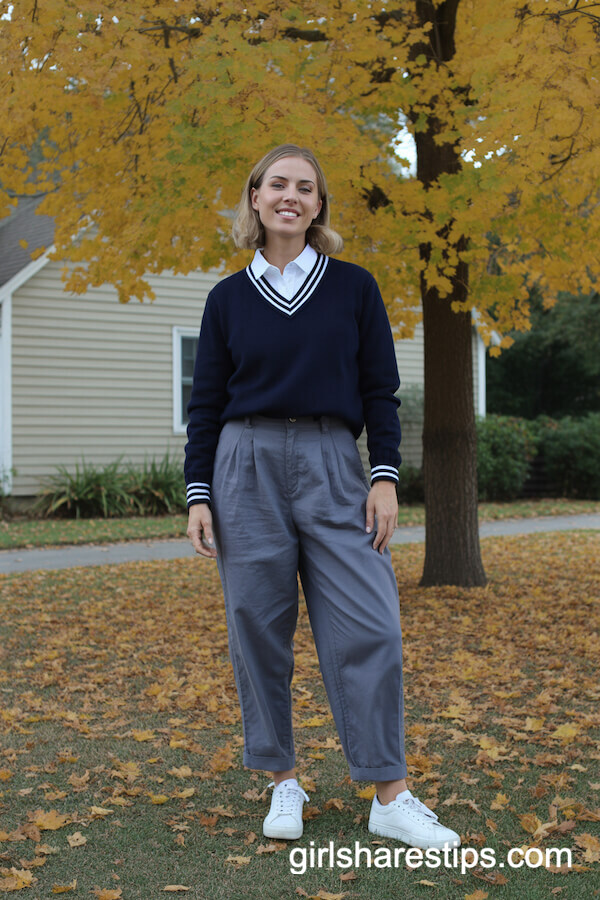 Gray Tapered Linen Pants with Varsity Sweater and White Sneakers