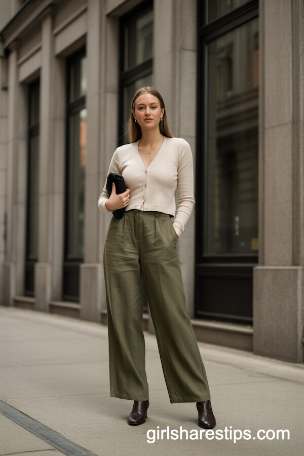 Olive Green Wide-Leg Linen Pants with Cream Cardigan