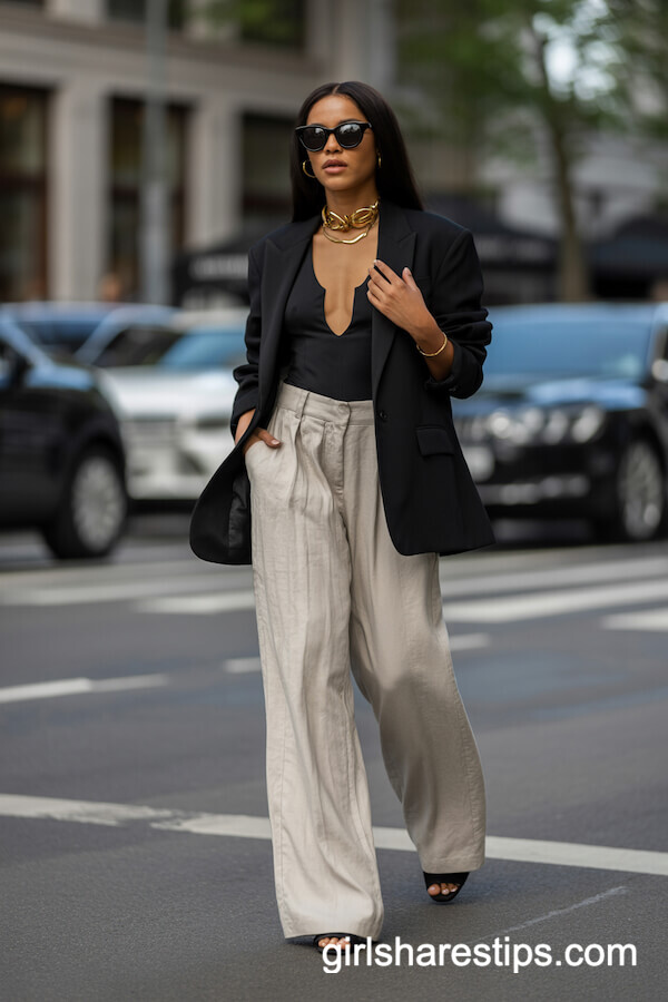 Light Beige Wide-Leg Linen Pants with Oversized Blazer