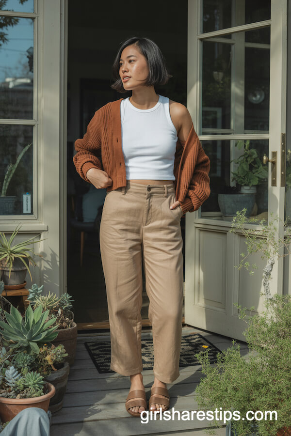 Sand-Colored Linen Straight-Leg Pants with Cropped Cardigan