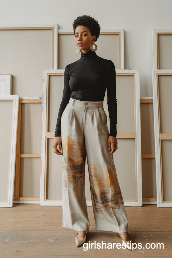 Wide-Leg Linen Pants with Autumn Print and Slim Turtleneck