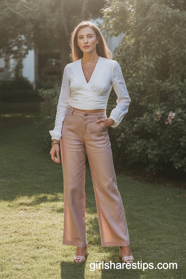 Blush Pink Straight-Leg Linen Pants with Wrap Blouse