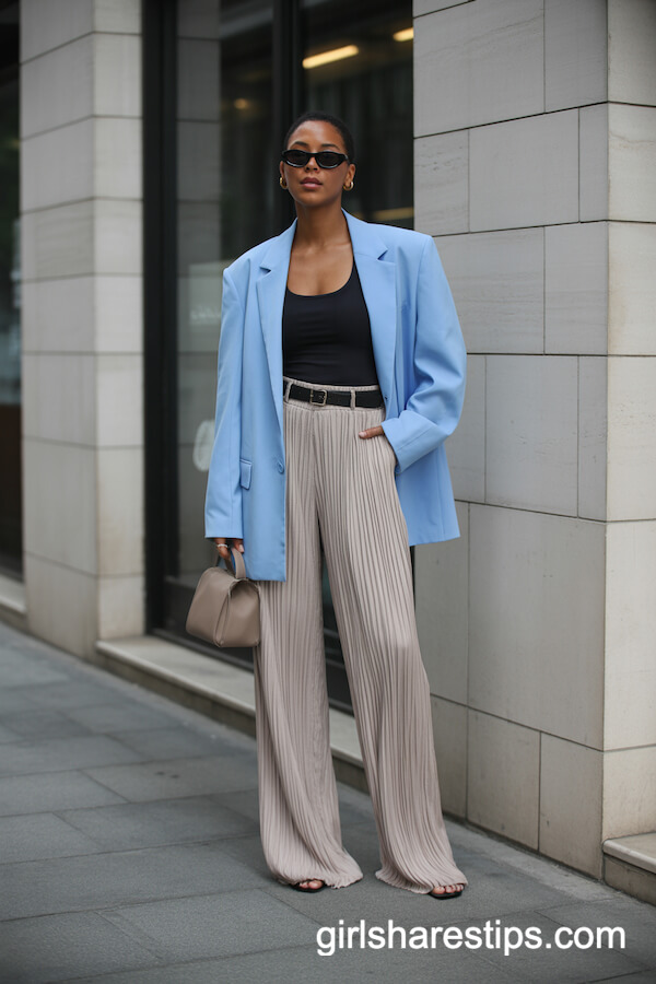 High-Waisted Beige Linen Pleated Pants with Blue Blazer