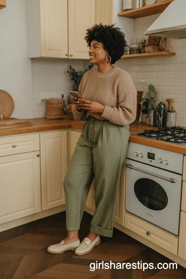 Olive Green High-Waisted Linen Pants with Chunky Knit Sweater