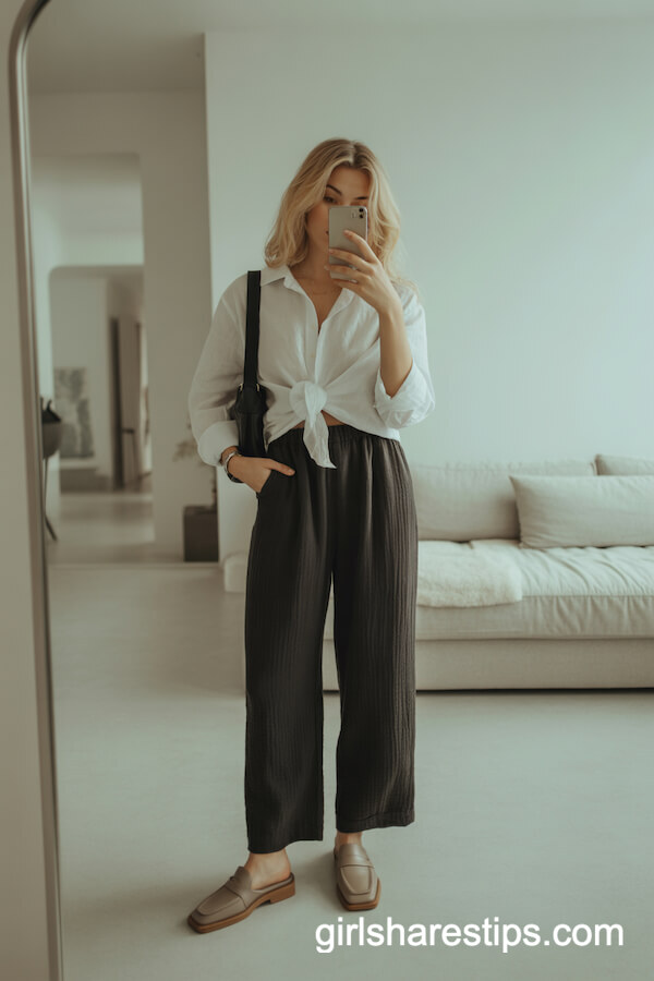 Loose Black Linen Pants with Tied White Shirt and Mule Loafers