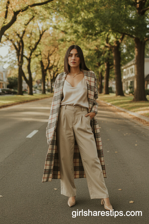 Beige Straight-Leg Linen Trousers with Silk Camisole and Plaid Scarf