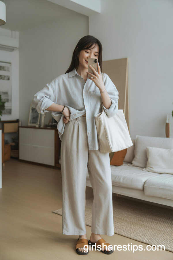 Crisp White Linen Wide-Leg Pants with Matching Button-Up Shirt