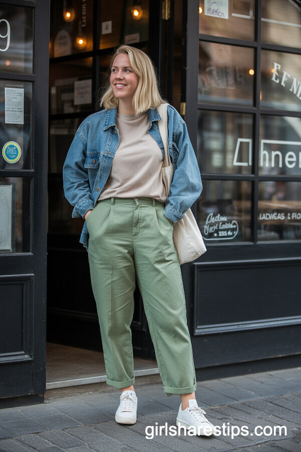 Sage Green Linen Trousers with Denim Jacket and Canvas Tote
