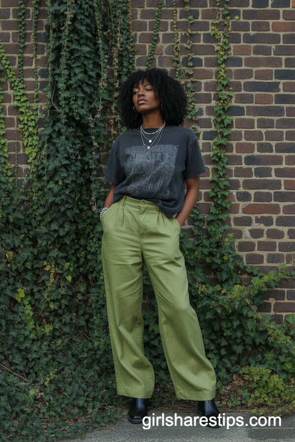 Straight-Leg Olive Green Linen Pants with Graphic Tee and Tall Boots