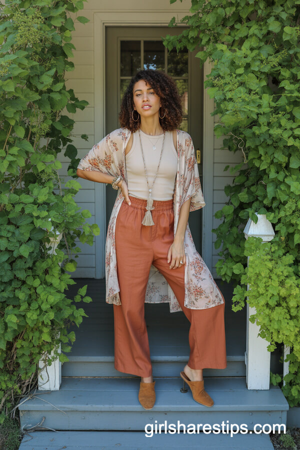 Rust-Colored Linen Straight-Leg Pants with Floral Kimono