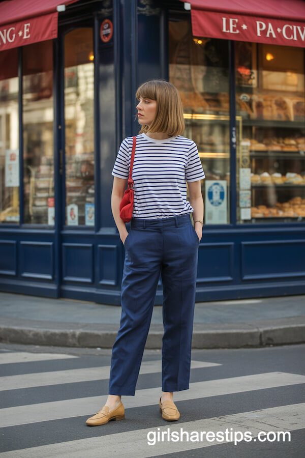 Tailored Navy Straight-Leg Linen Pants with Breton Stripe Tee