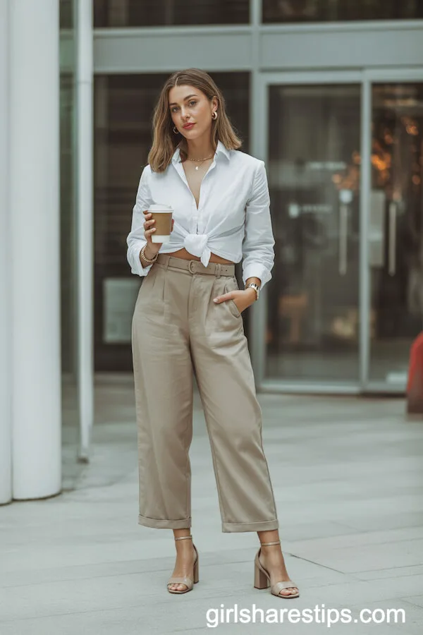 Classic Beige Linen Pants with a White Blouse and Gold Accessories
