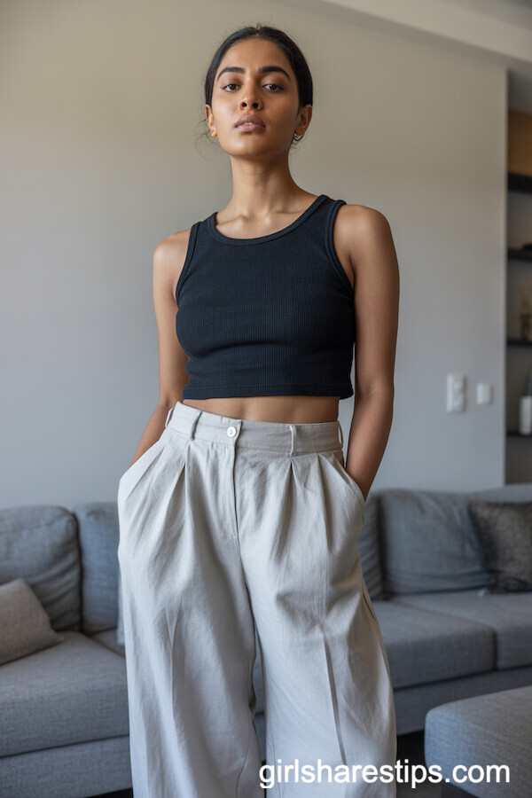 Light Gray High-Waisted Linen Pants and a Black Ribbed Tank