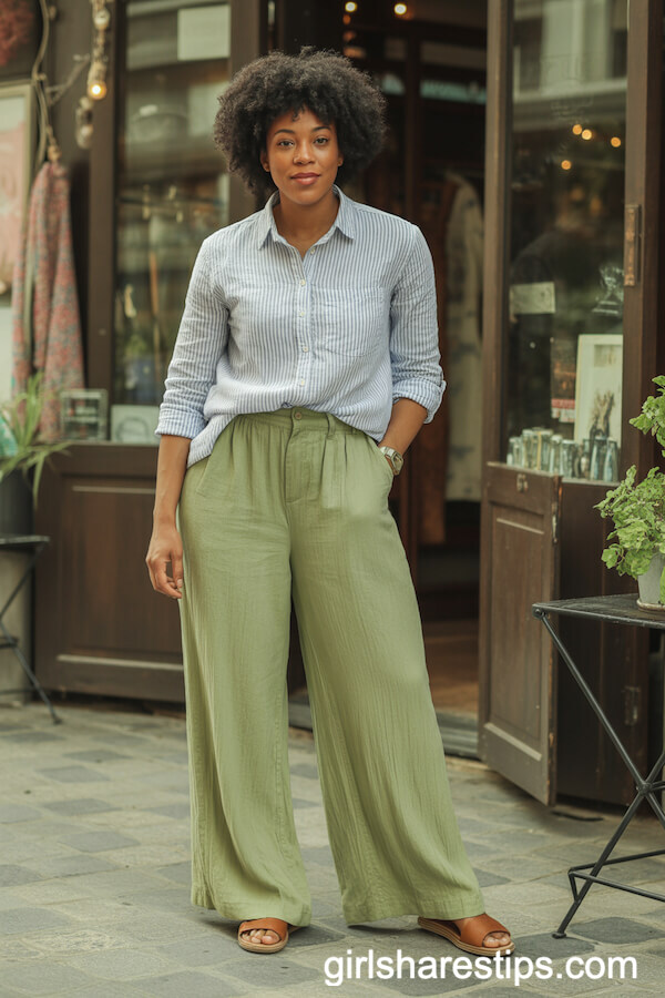 Sage Green Linen Pants with a Striped Button-Up Shirt