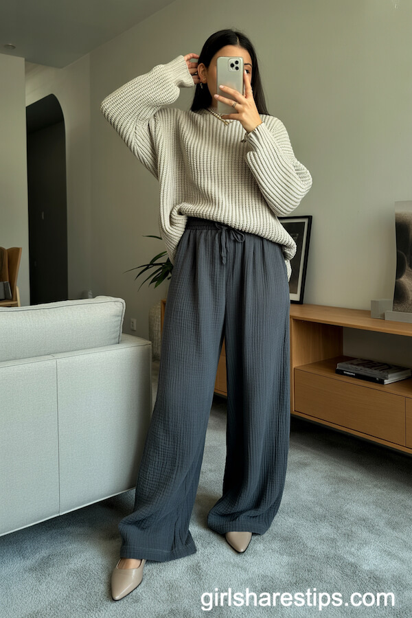 Charcoal Linen Pants Styled with a Chunky Knit Sweater