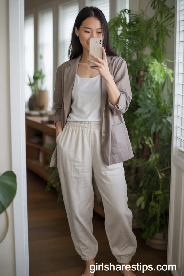 White Linen Jogger Pants with a Light Gray Blazer