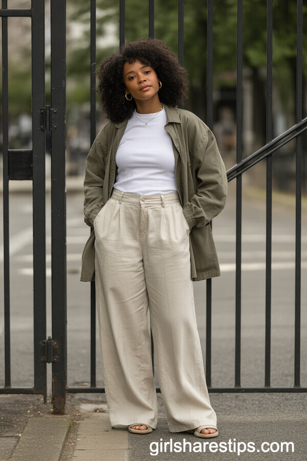 Cream Wide-Leg Linen Pants with a White Tee and Utility Jacket