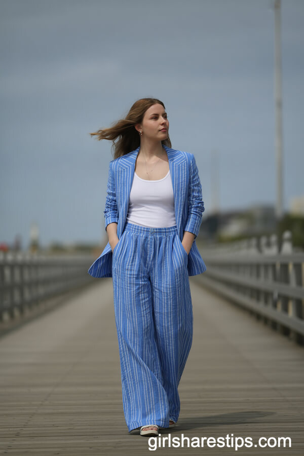 Blue-and-White Wide-Leg Linen Pants and a Classic Blazer