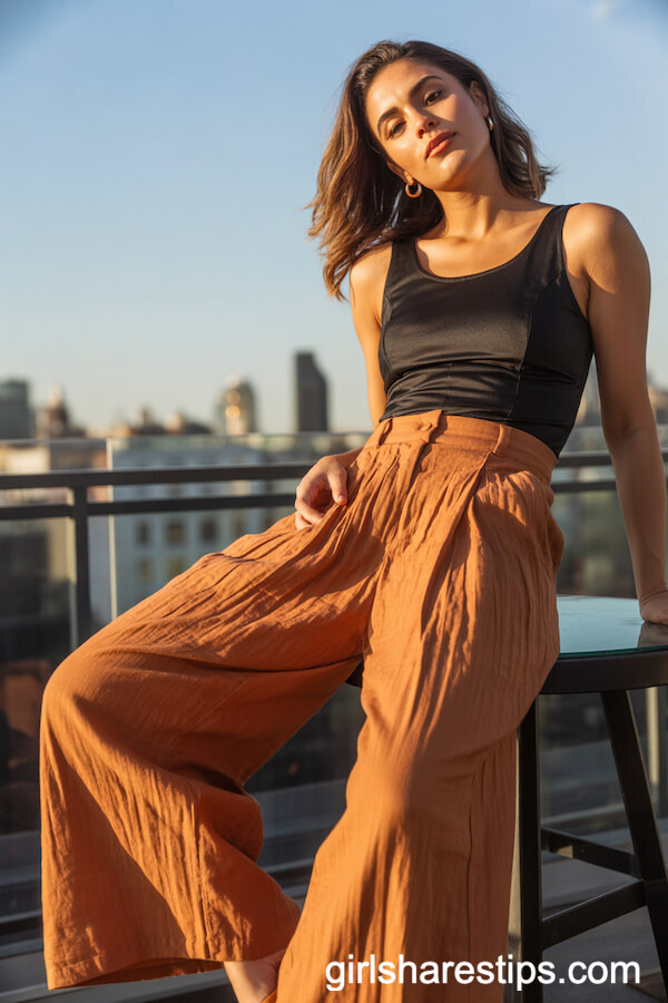 Rust-Colored Wide-Leg Linen Pants with a Black Bodysuit