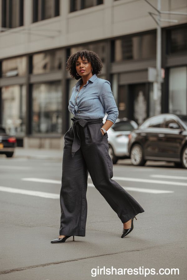 Black Linen Wide-Leg Pants with a Chambray Shirt