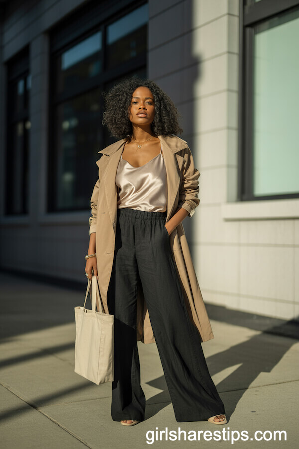 Black Linen Pants with a Silk Camisole and Trench Coat