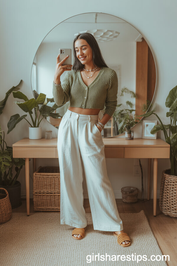 White Linen Wide-Leg Pants Styled with a Cropped Cardigan