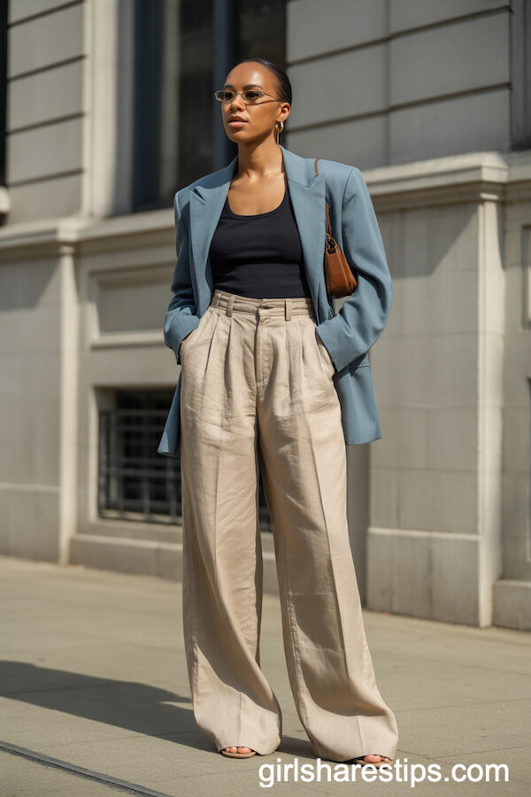 Beige Wide-Leg Linen Pants with a Blue Blazer and Black Tank