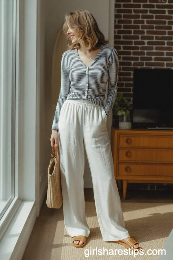 White Wide-Leg Linen Pants with a Striped Cardigan and Woven Tote