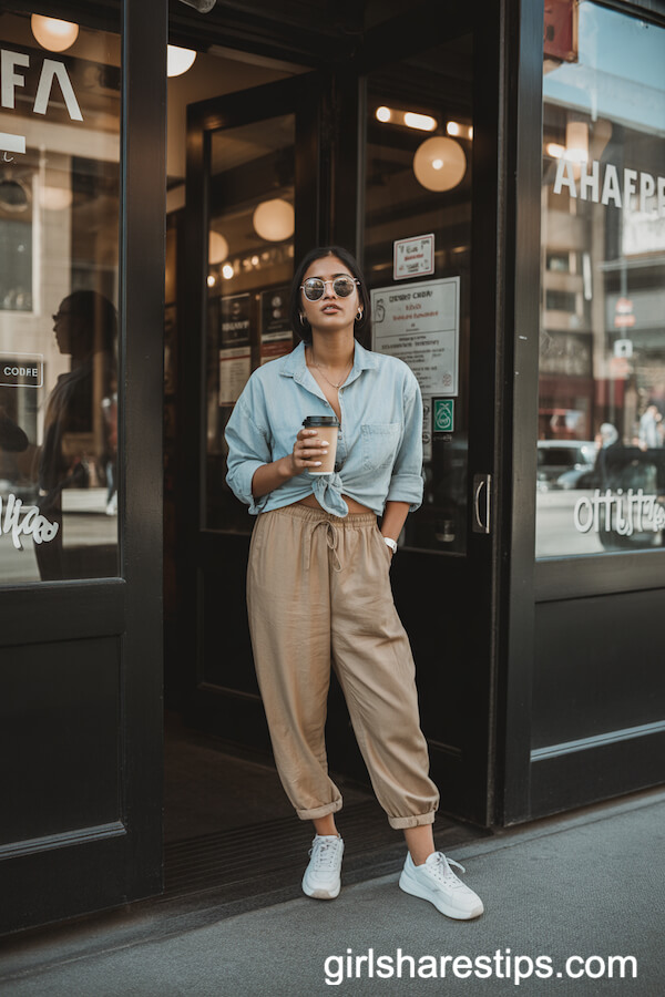 Tan Linen Joggers with a Denim Shirt and White Sneakers
