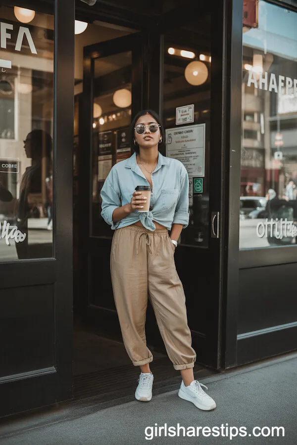 Tan Linen Joggers with a Denim Shirt and White Sneakers