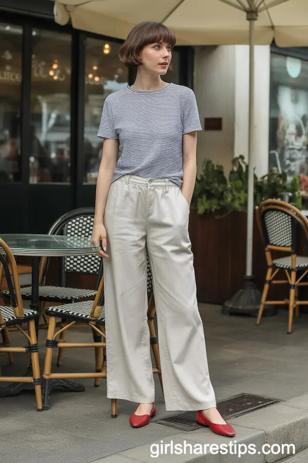 Cream Linen Wide-Leg Pants Paired with a Navy Striped Tee